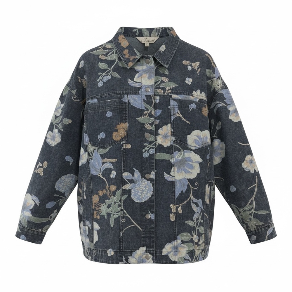J.NNA Floral Denim Jacket 1XL Blue Cottagecore Oversized Button Front NWT